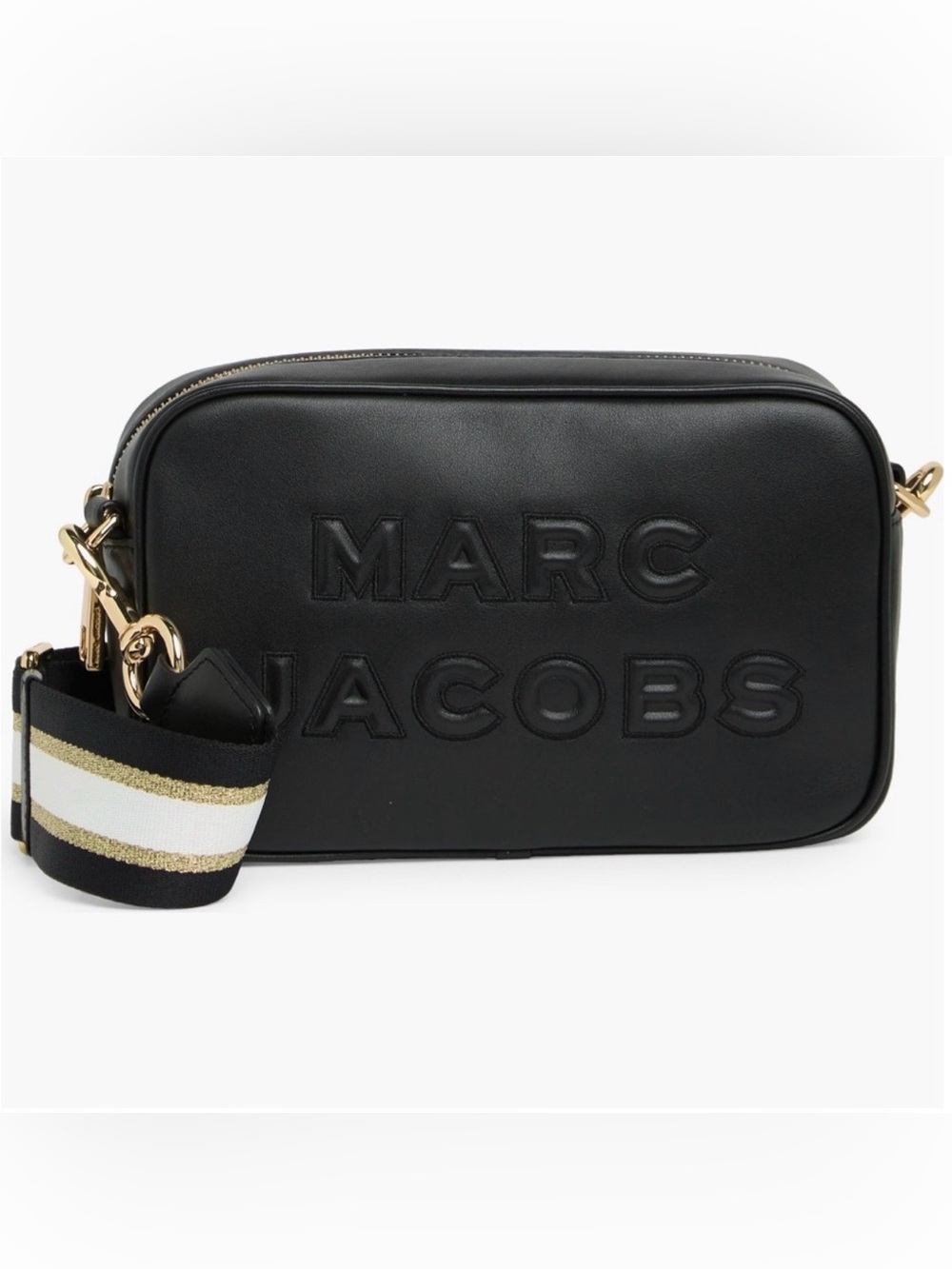 Marc Jacobs Black Leather Camera Crossbody Bag with Striped Detachable Strap